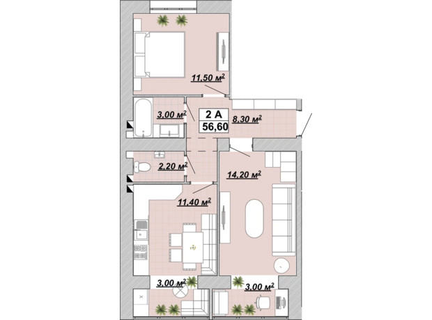 Жилой район Княгинин: планировка 2-комнатной квартиры 56.6 м²