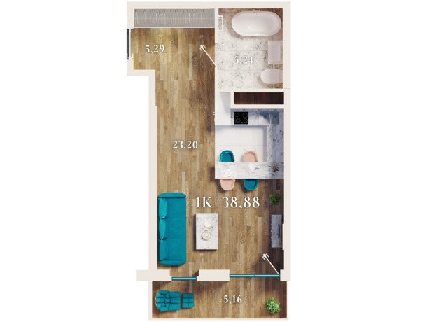 ЖК URBN: планування 1-кімнатної квартири 38.88 м²