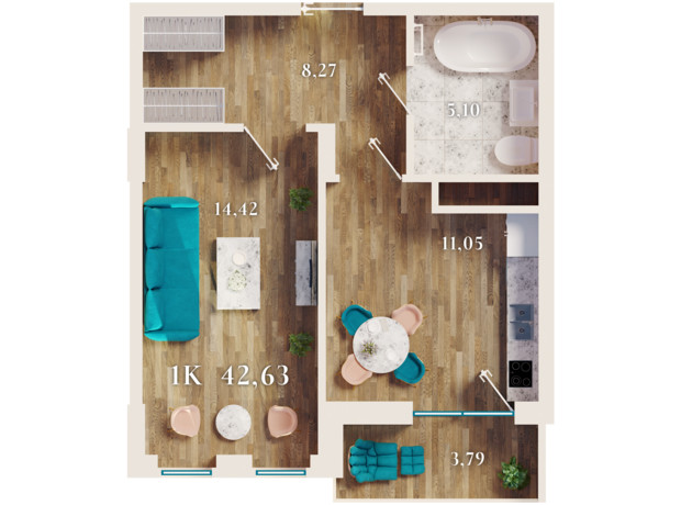 ЖК URBN: планировка 1-комнатной квартиры 42.63 м²