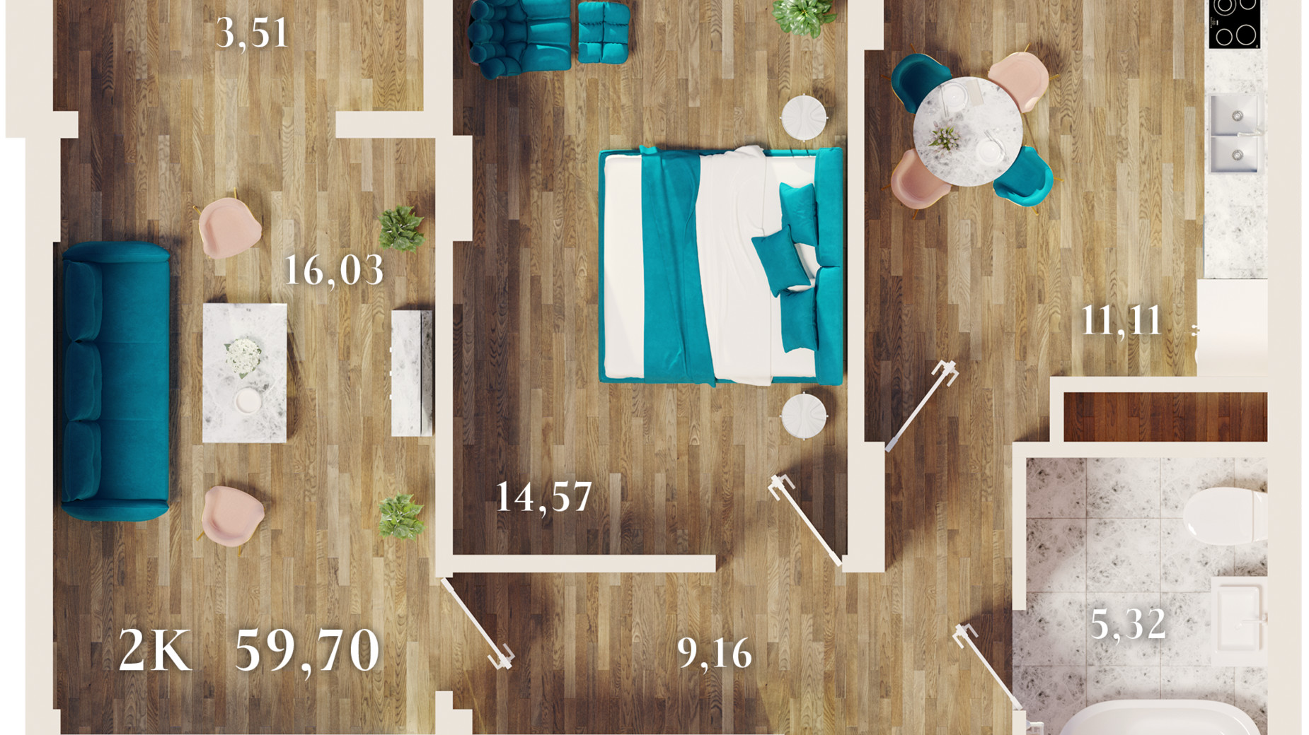 Планування 2-кімнатної квартири в ЖК URBN 59.7 м², фото 685019