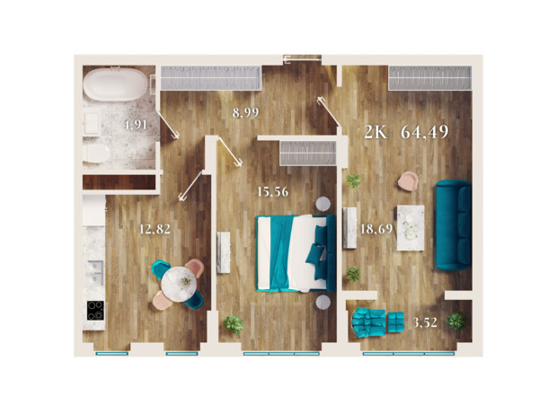 ЖК URBN: планування 2-кімнатної квартири 64.49 м²