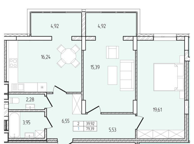 ЖК Перемога: планування 2-кімнатної квартири 79.39 м²