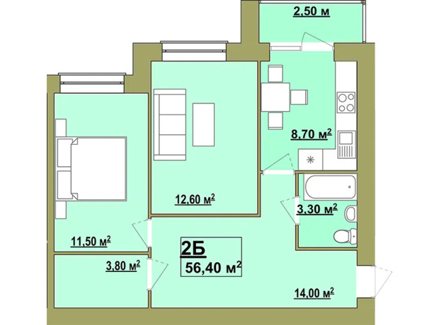 Житловий район Княгинин: планування 2-кімнатної квартири 56.4 м²