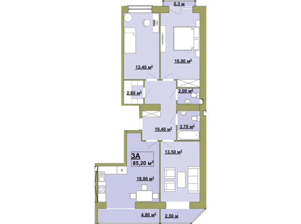 Житловий район Княгинин: планування 3-кімнатної квартири 85.2 м²