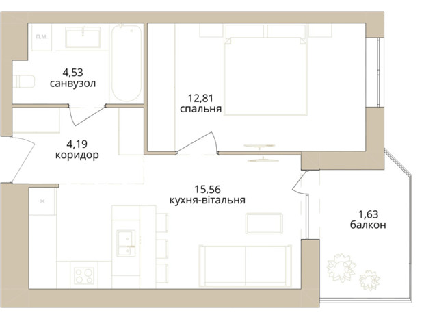 ЖК Dream Lake: планування 1-кімнатної квартири 38.72 м²