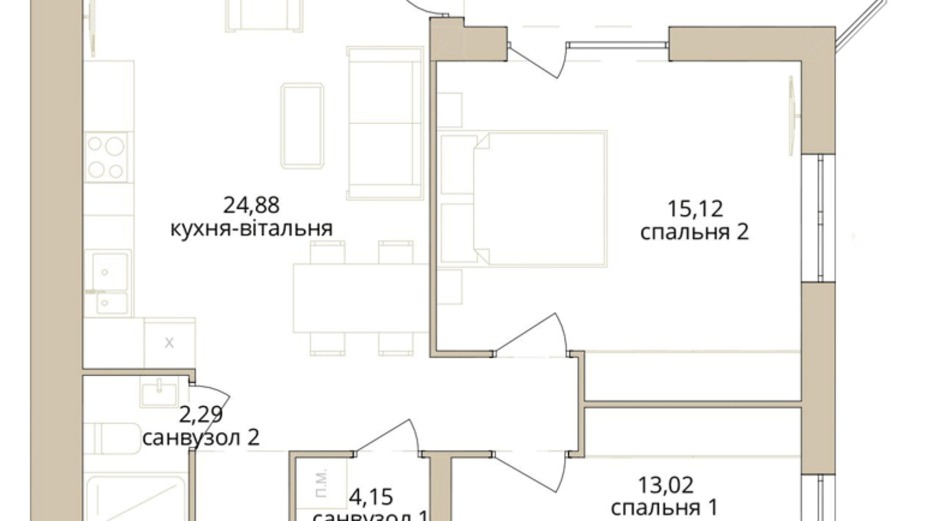 Планировка 2-комнатной квартиры в ЖК Dream Lake 67.31 м², фото 685194