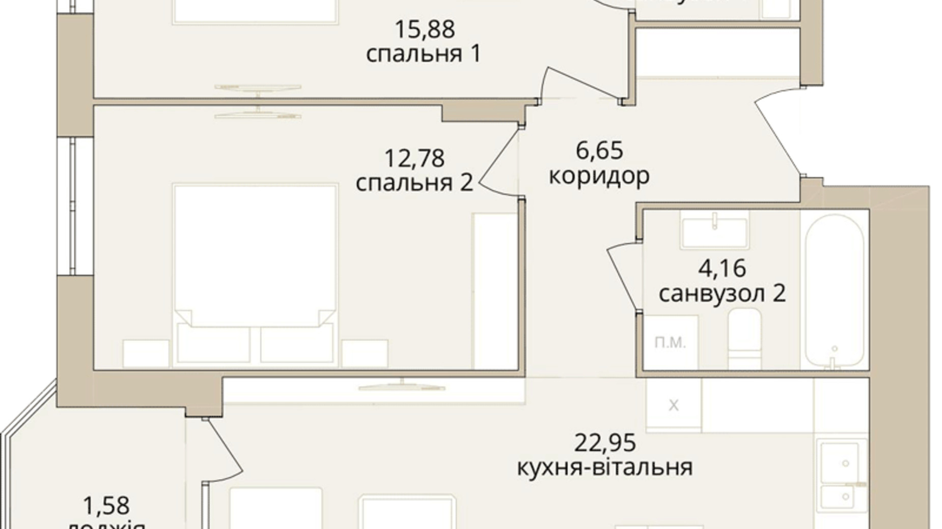 Планировка 2-комнатной квартиры в ЖК Dream Lake 66.75 м², фото 685200