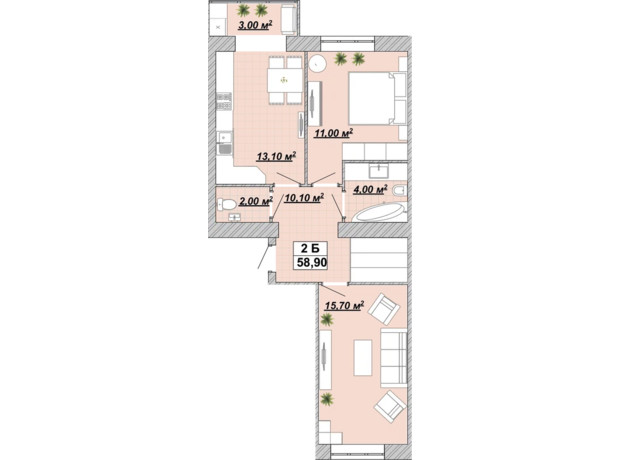 Житловий район Княгинин: планування 2-кімнатної квартири 58.9 м²