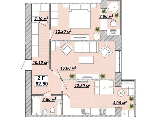 Житловий район Княгинин: планування 2-кімнатної квартири 62.5 м²