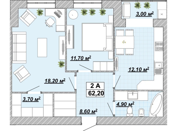 Житловий район Княгинин: планування 2-кімнатної квартири 62.2 м²