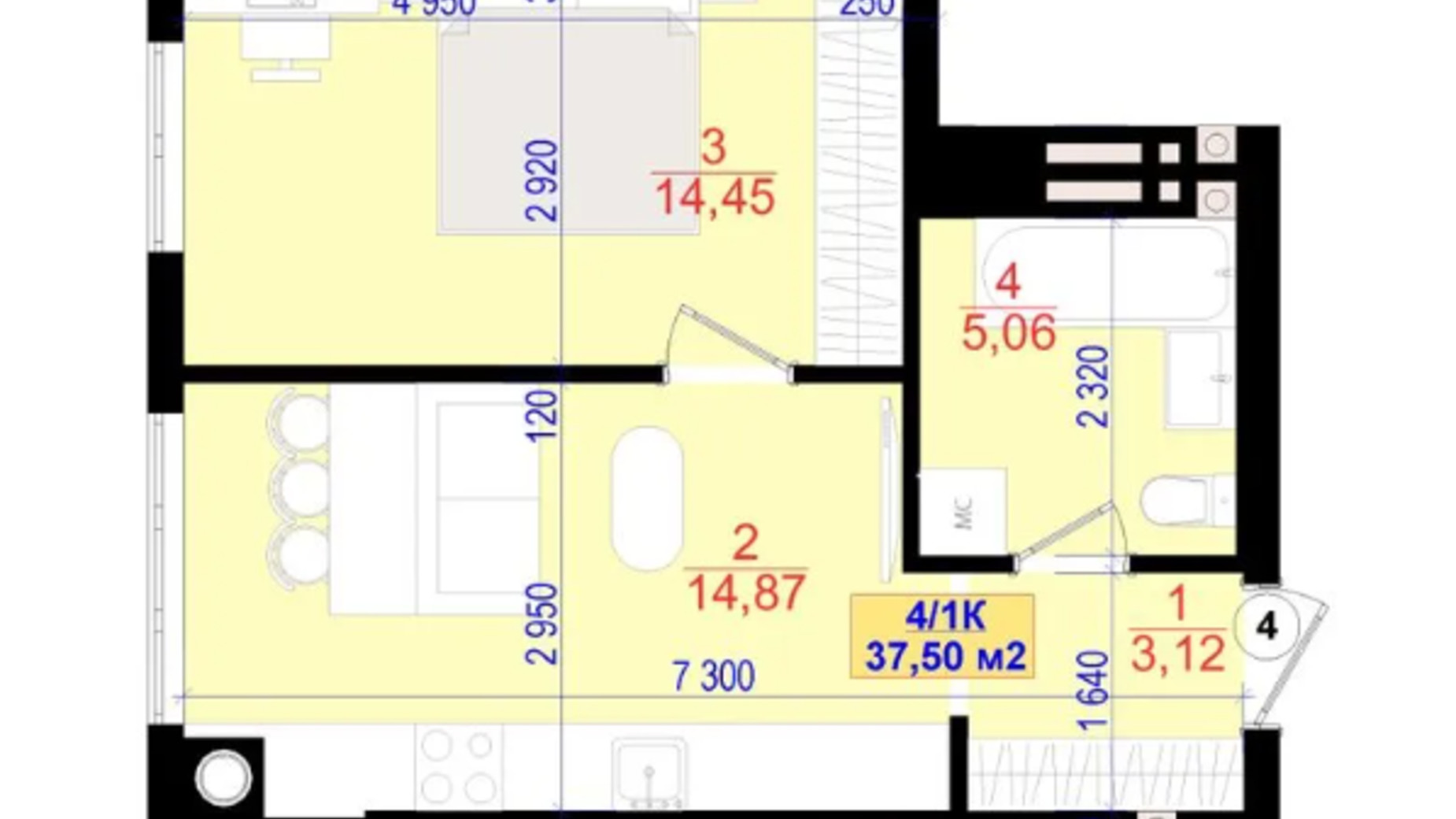 Планування 1-кімнатної квартири в ЖК Central Park 37.5 м², фото 685326