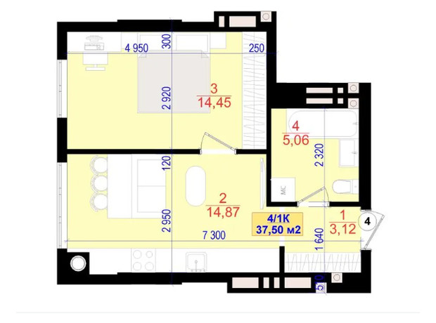 ЖК Central Park: планування 1-кімнатної квартири 37.5 м²