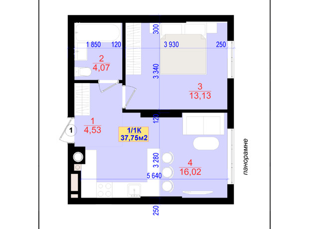 ЖК Central Park: планування 1-кімнатної квартири 37.7 м²