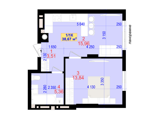 ЖК Central Park: планування 1-кімнатної квартири 38.7 м²