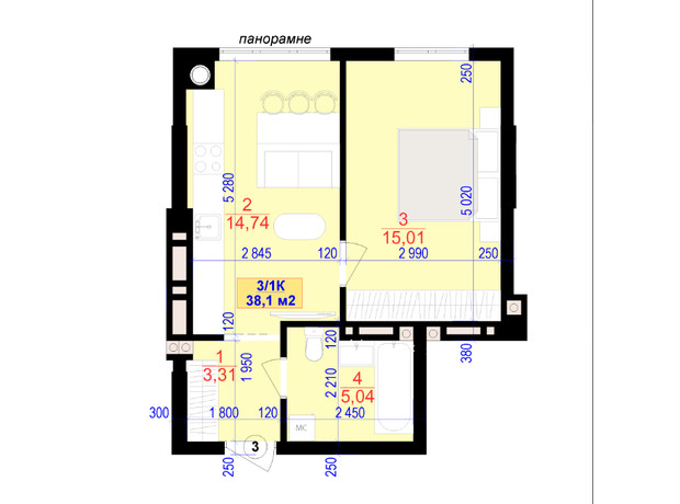 ЖК Central Park: планировка 1-комнатной квартиры 38.1 м²