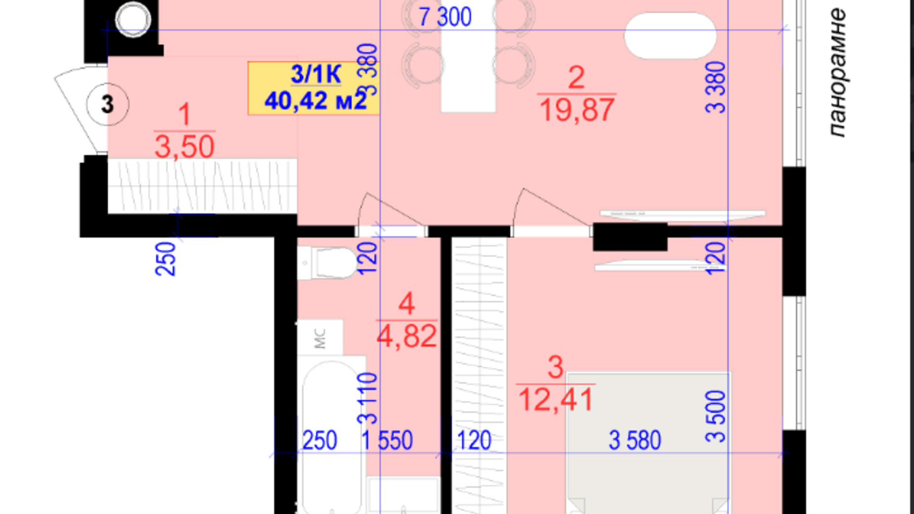 Планировка 1-комнатной квартиры в ЖК Central Park 40.4 м², фото 685330