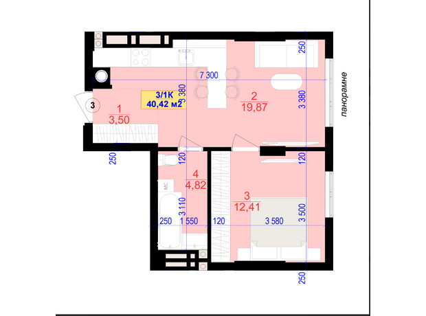 ЖК Central Park: планування 1-кімнатної квартири 40.4 м²