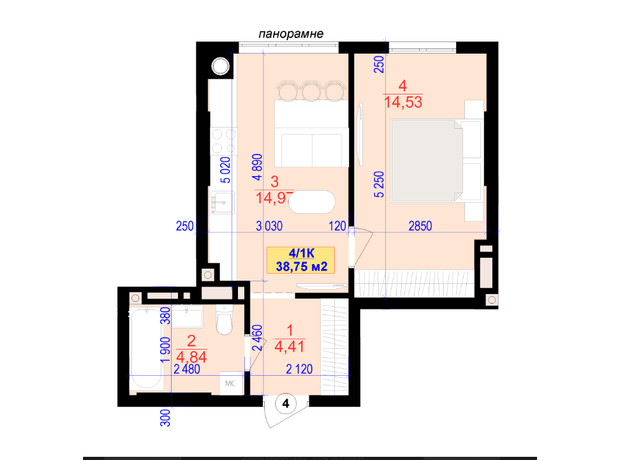 ЖК Central Park: планировка 1-комнатной квартиры 38.7 м²