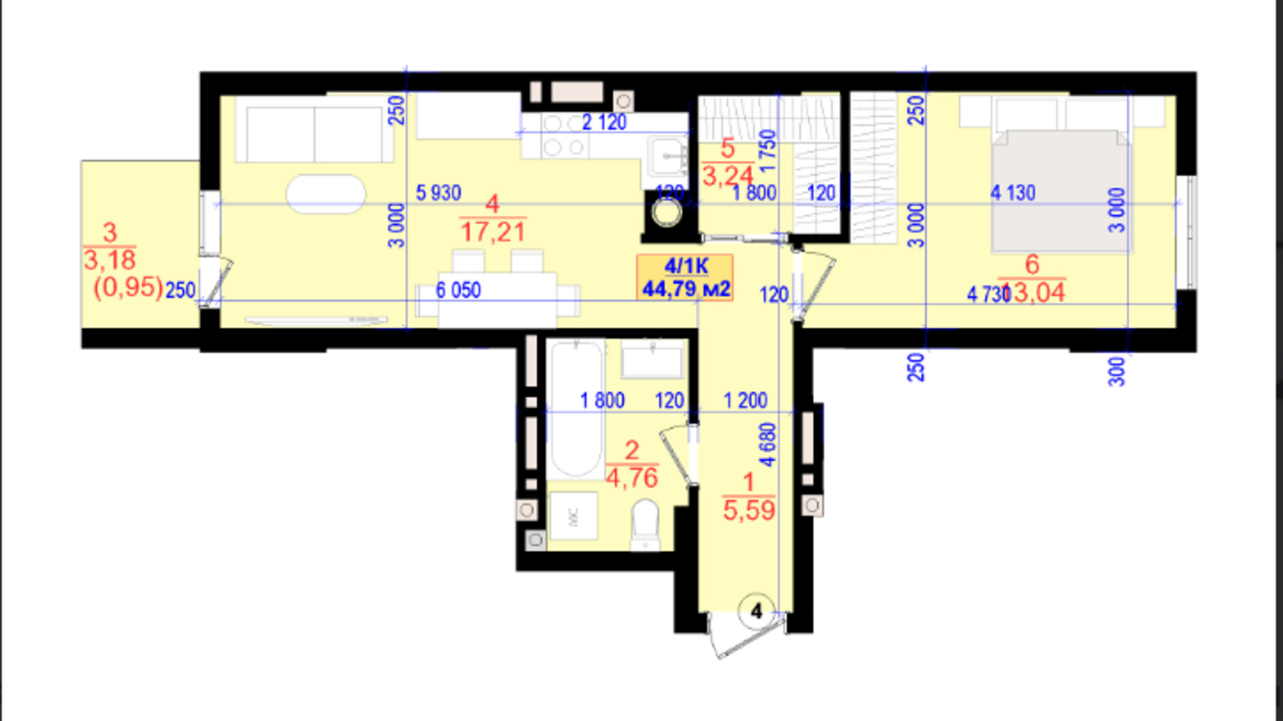 Планировка 1-комнатной квартиры в ЖК Central Park 44.8 м², фото 685334