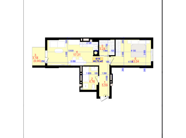 ЖК Central Park: планировка 1-комнатной квартиры 44.8 м²