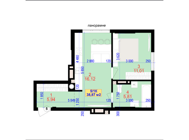 ЖК Central Park: планировка 1-комнатной квартиры 38.9 м²