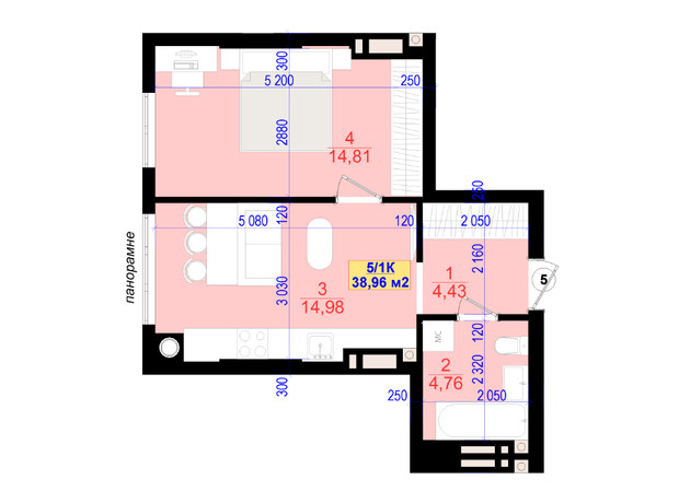 ЖК Central Park: планування 1-кімнатної квартири 38.96 м²