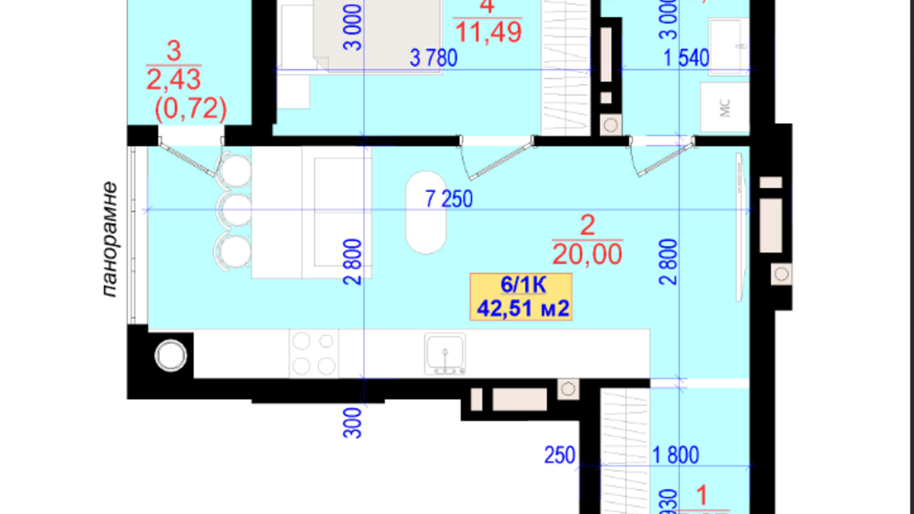 Планировка 1-комнатной квартиры в ЖК Central Park 42.5 м², фото 685339