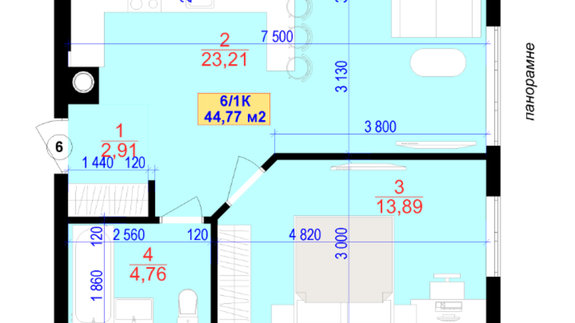 Планировка 1-комнатной квартиры в ЖК Central Park 44.7 м², фото 685340