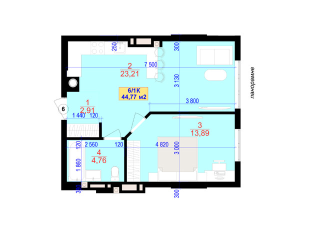 ЖК Central Park: планування 1-кімнатної квартири 44.7 м²