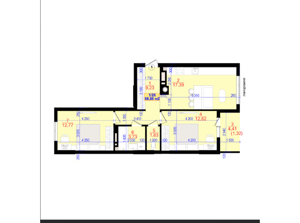 ЖК Central Park: планування 2-кімнатної квартири 58.9 м²