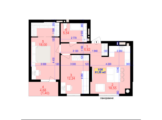 ЖК Central Park: планировка 2-комнатной квартиры 61.5 м²