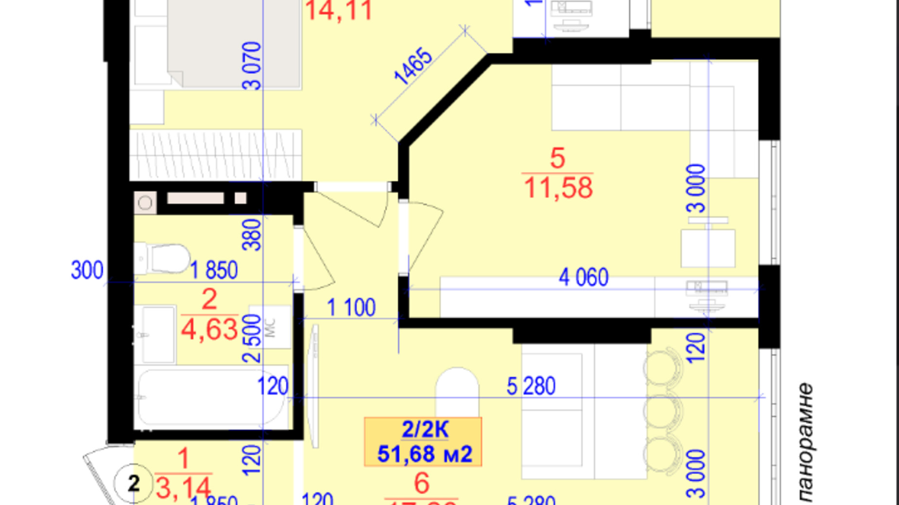 Планування 2-кімнатної квартири в ЖК Central Park 51.5 м², фото 685344