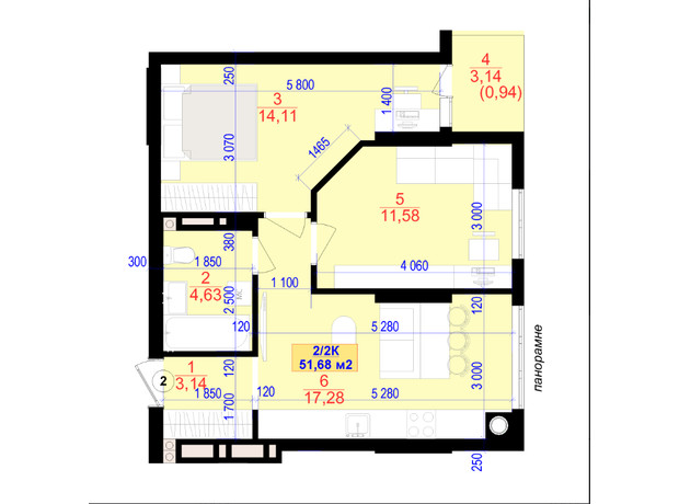 ЖК Central Park: планування 2-кімнатної квартири 51.5 м²