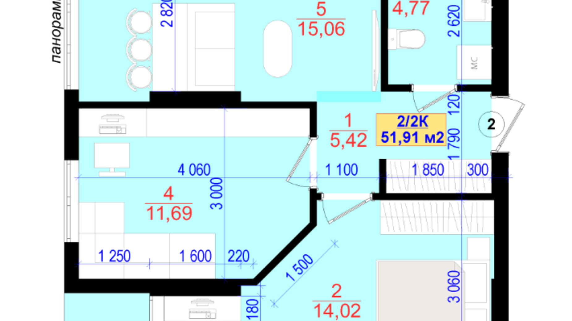 Планировка 2-комнатной квартиры в ЖК Central Park 51.9 м², фото 685345