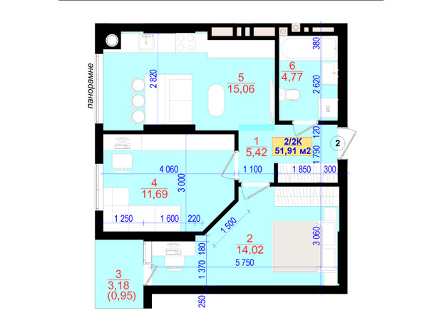 ЖК Central Park: планування 2-кімнатної квартири 51.9 м²