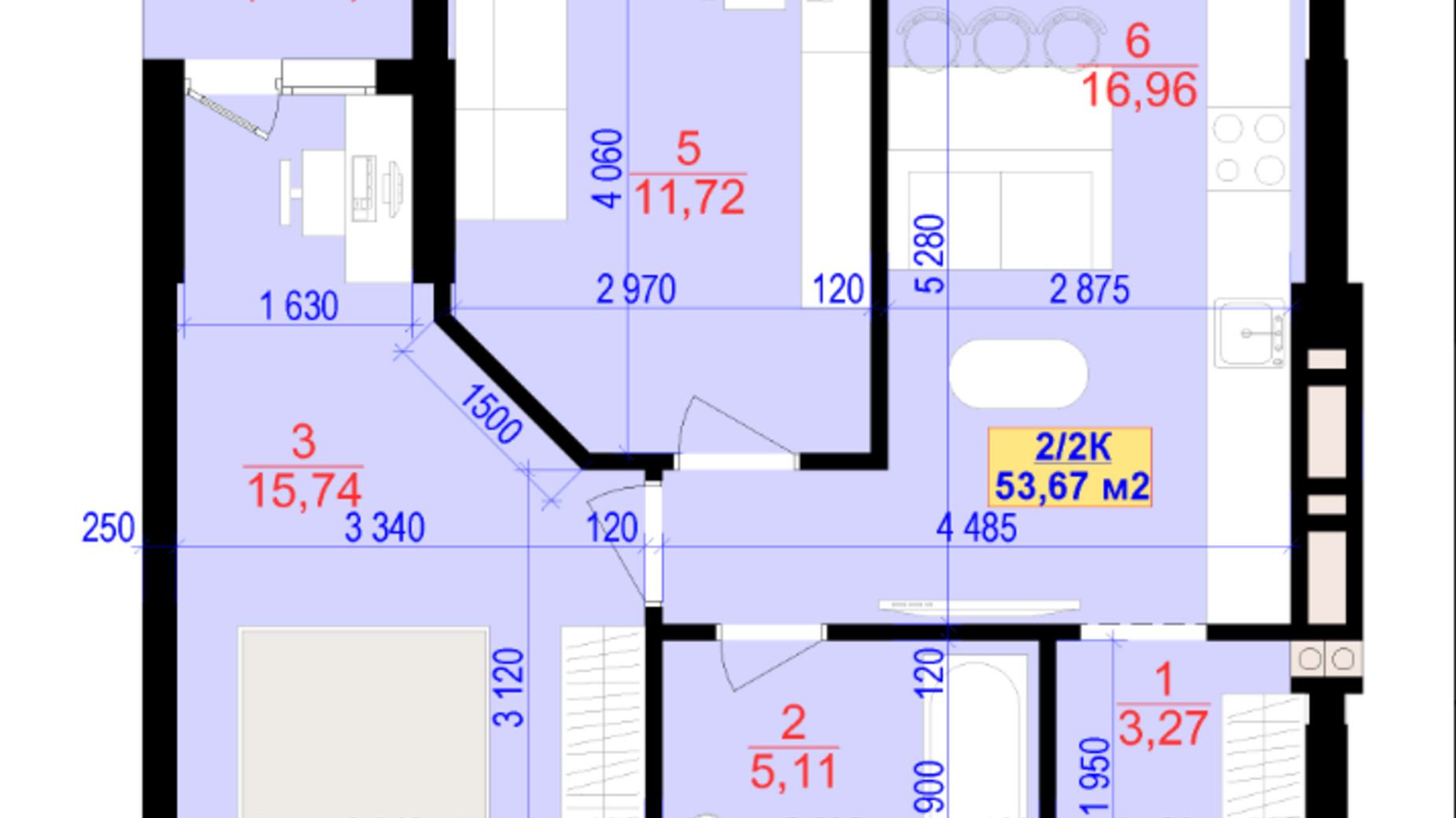 Планировка 2-комнатной квартиры в ЖК Central Park 53.7 м², фото 685346