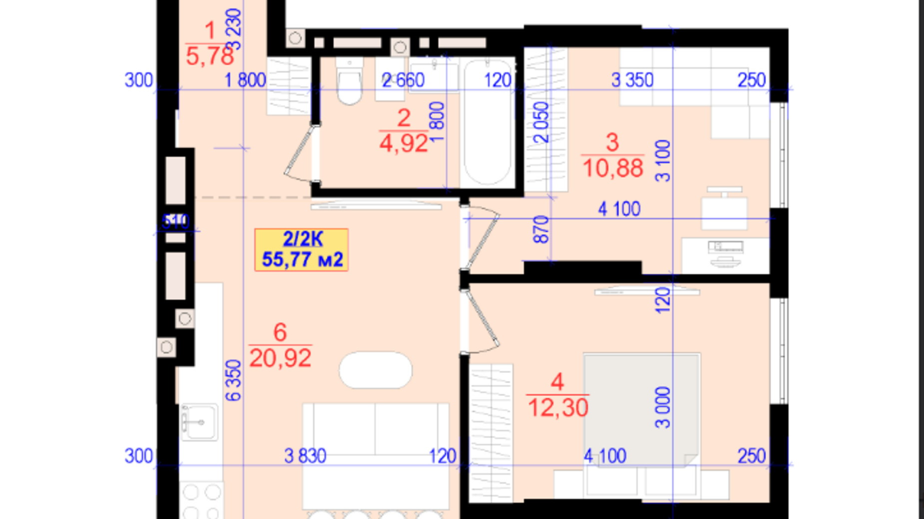 Планування 2-кімнатної квартири в ЖК Central Park 55.8 м², фото 685347