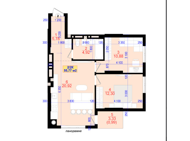 ЖК Central Park: планування 2-кімнатної квартири 55.8 м²