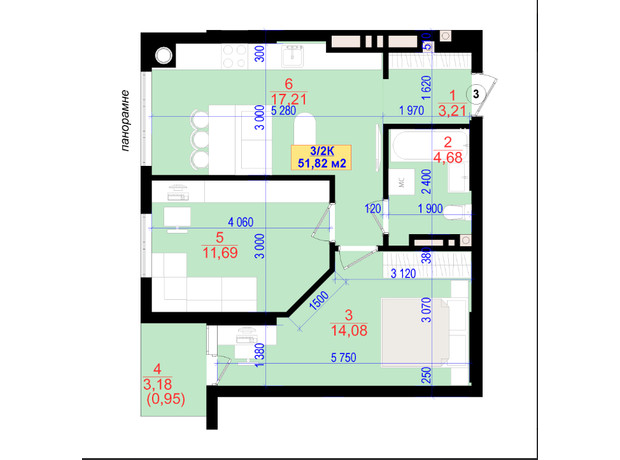 ЖК Central Park: планування 2-кімнатної квартири 51.8 м²