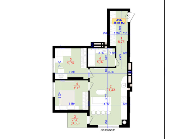 ЖК Central Park: планировка 2-комнатной квартиры 55.8 м²