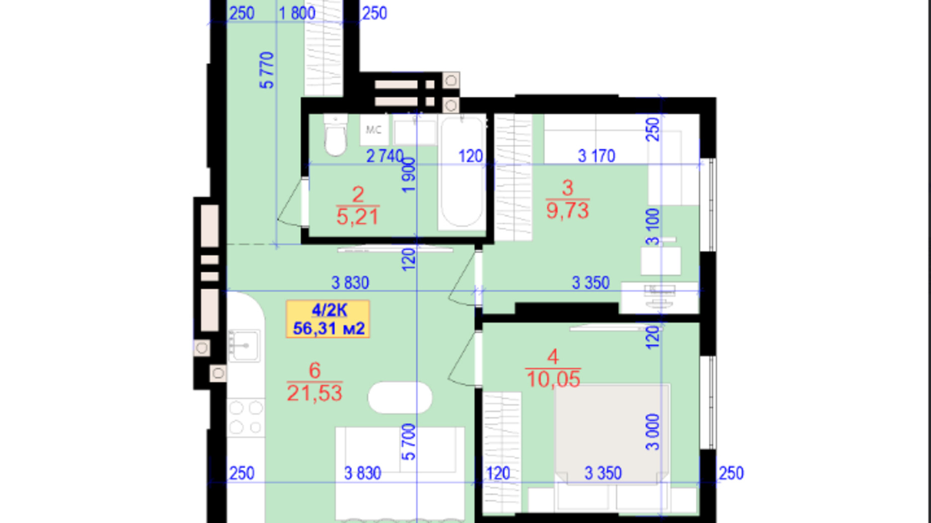 Планировка 2-комнатной квартиры в ЖК Central Park 56.3 м², фото 685351