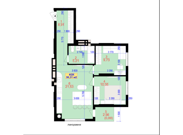 ЖК Central Park: планировка 2-комнатной квартиры 56.3 м²