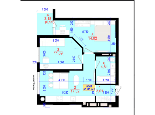 ЖК Central Park: планування 2-кімнатної квартири 51.6 м²