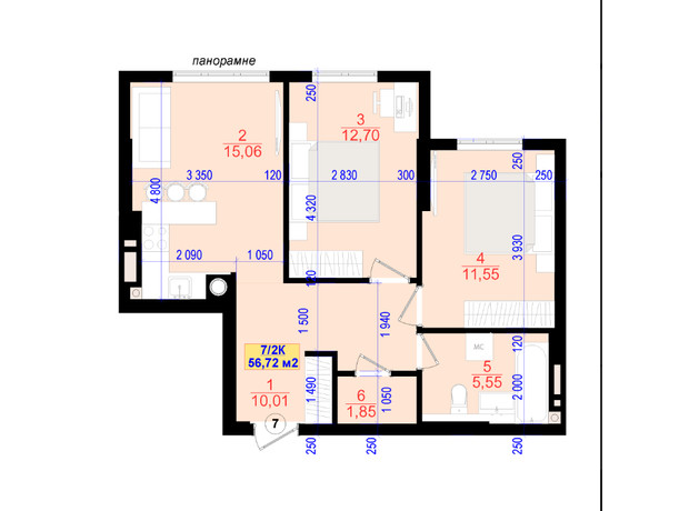 ЖК Central Park: планировка 2-комнатной квартиры 56.7 м²