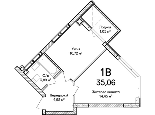 ЖК Синергия Сити: планировка 1-комнатной квартиры 35 м²