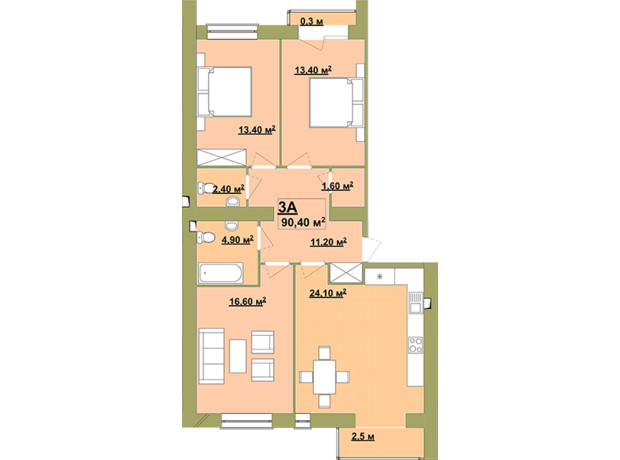 Жилой район Княгинин: планировка 3-комнатной квартиры 90.4 м²