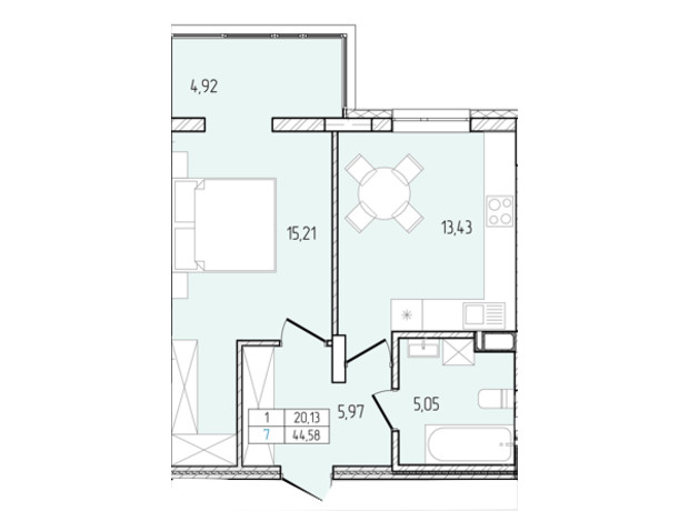 ЖК Перемога: планування 1-кімнатної квартири 44.58 м²