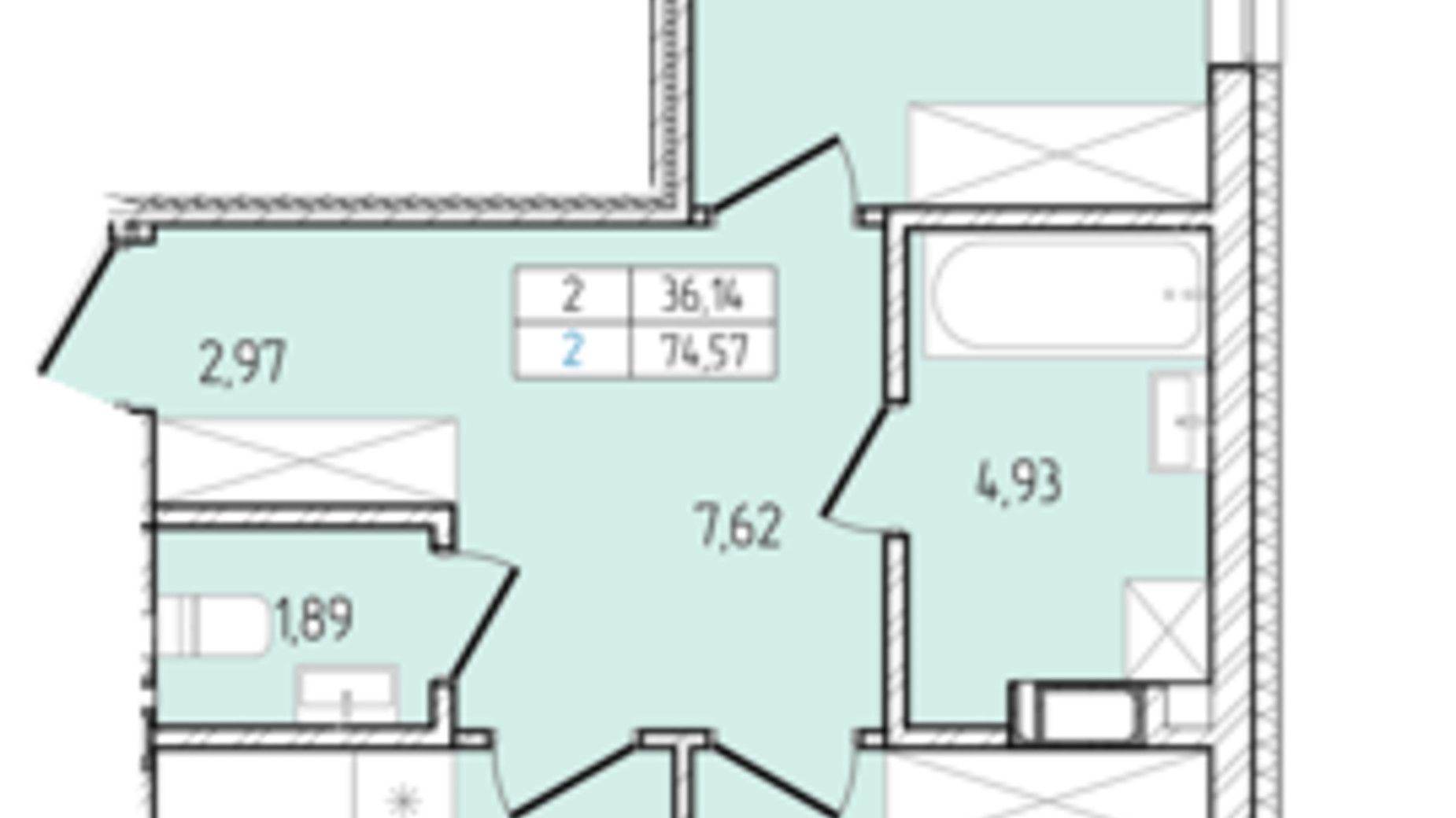 Планування 2-кімнатної квартири в ЖК Перемога 74.57 м², фото 685606