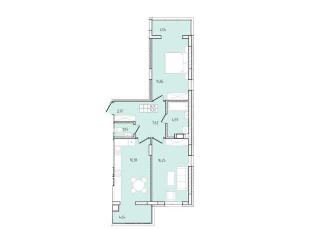 ЖК Перемога: планування 2-кімнатної квартири 74.57 м²