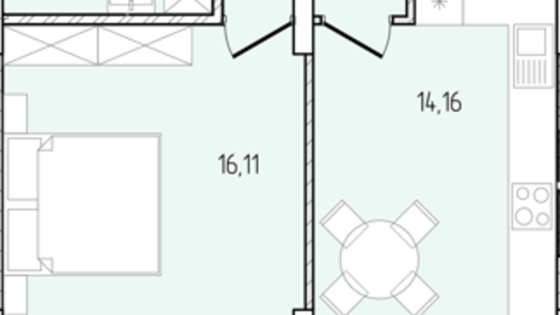 Планування 1-кімнатної квартири в ЖК Перемога 46.86 м², фото 685614